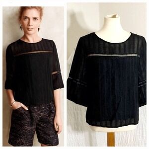 Anthropologie Black Striped Sheer Flared Sleeve Blouse NWT HD in Paris  Size 12